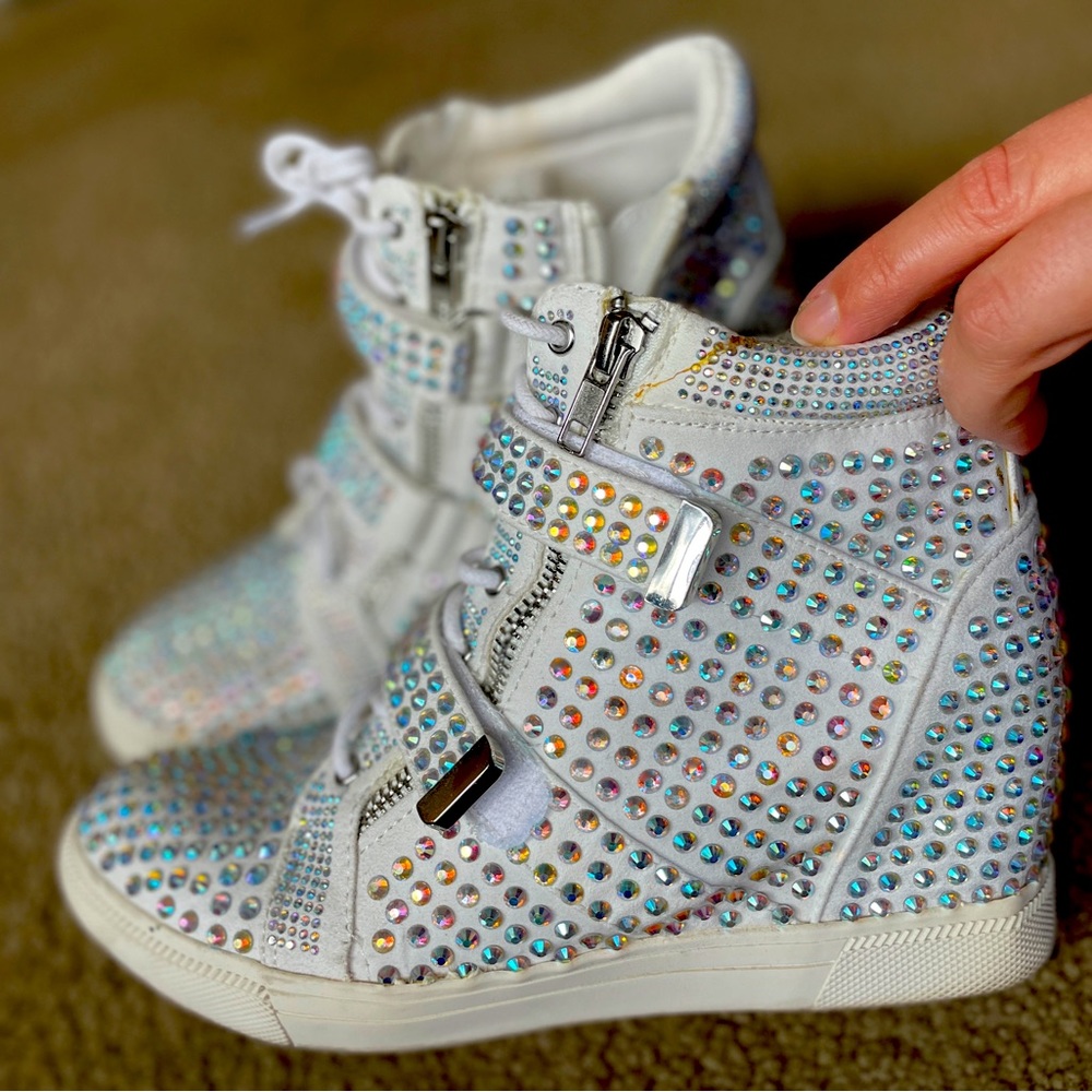 White heeled sneakers, super sparkly and fun!